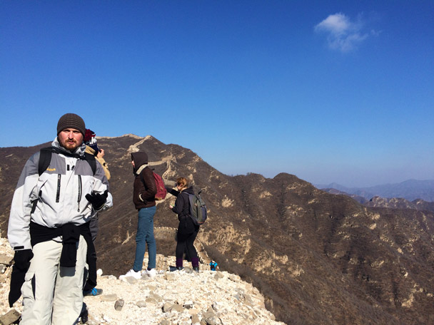Hikers on the Great Wall, about to head for the high line of Great Wall in the background - 20141108-Zhenbiancheng