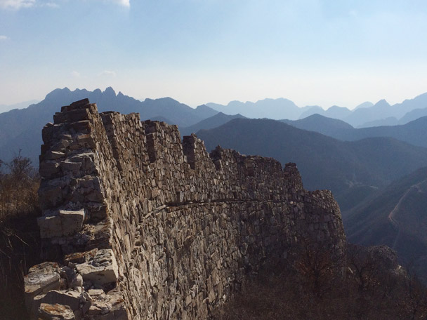 The Great Wall here is mostly made of rocks, and a hike along this stretch gives hikers super views of the surrounding mountains - 20141108-Zhenbiancheng