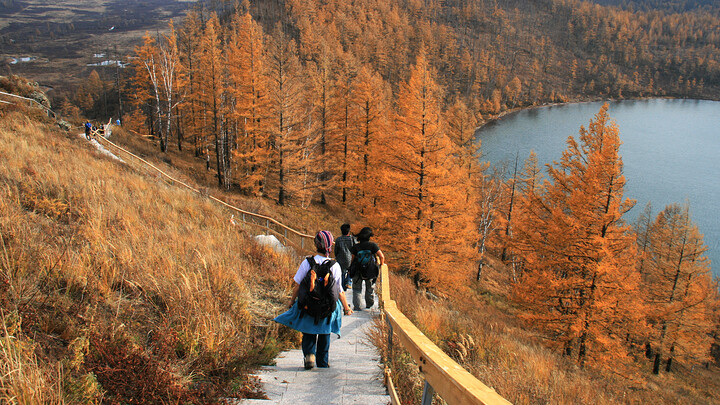 By one of the crater lakes