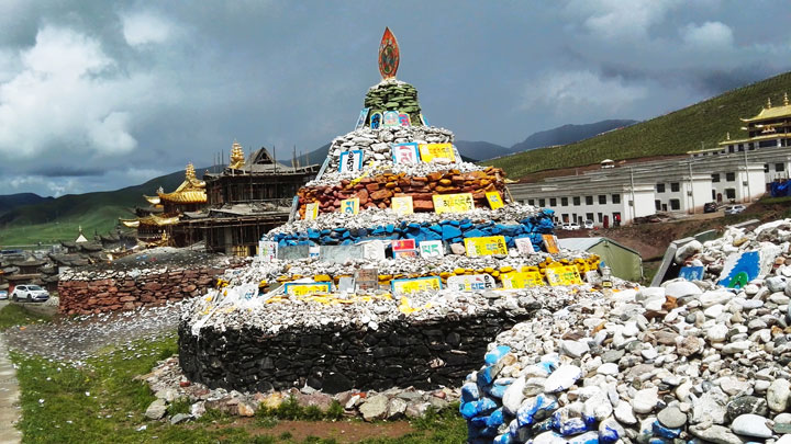 Stupas at a temple near Amne Machin Snow Mountain