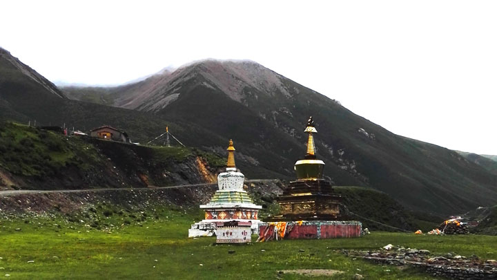 Stupas at a temple near Amne Machin Snow Mountain