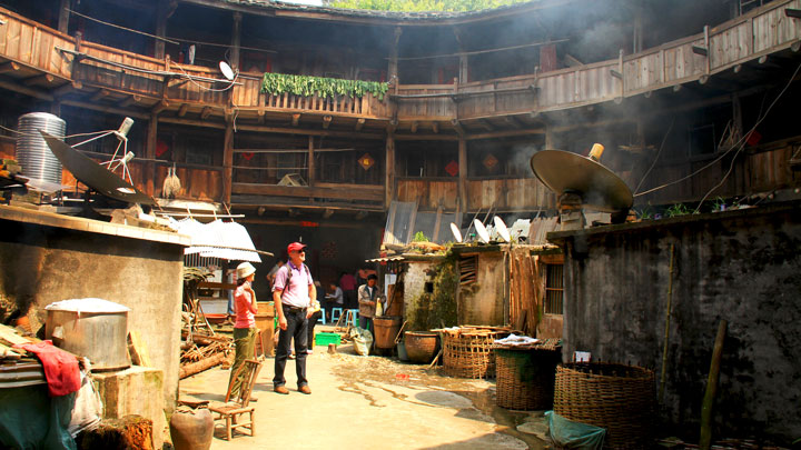 Inside a rustic clan-inhabited tulou