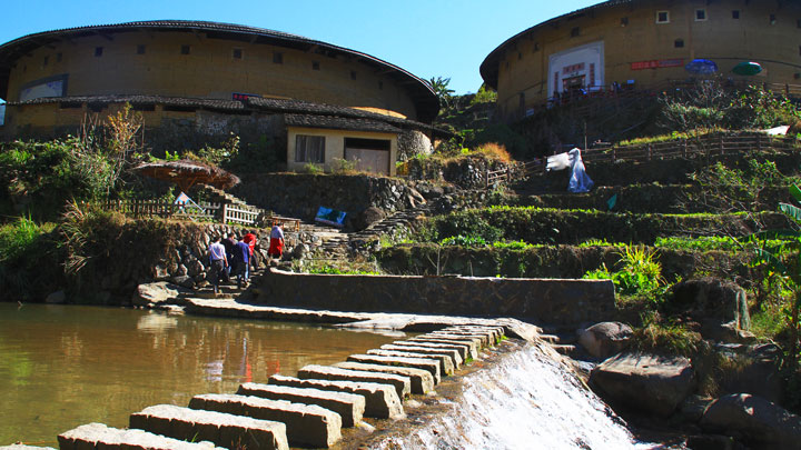 Crossing a stream at Chuxi Village.