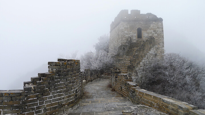 Winter views of a tower on the Great Wall at Jiankou