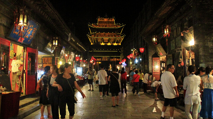 Pingyao’s City Tower at night, seen on an evening stroll.