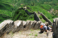 Hikers on the wild Great Wall in Huairou District