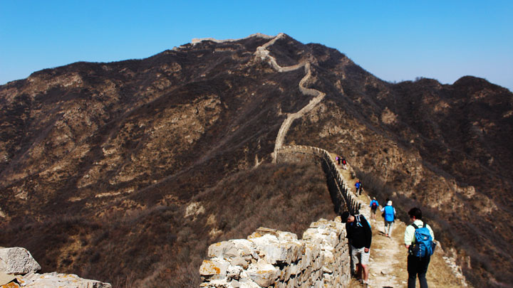 The Great Wall snakes up to a high peak